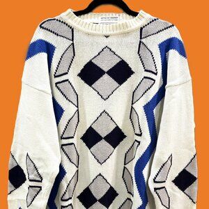 Vintage Knitted by Handcrafters 1990s Geometric Pattern Sweater – White & Blue